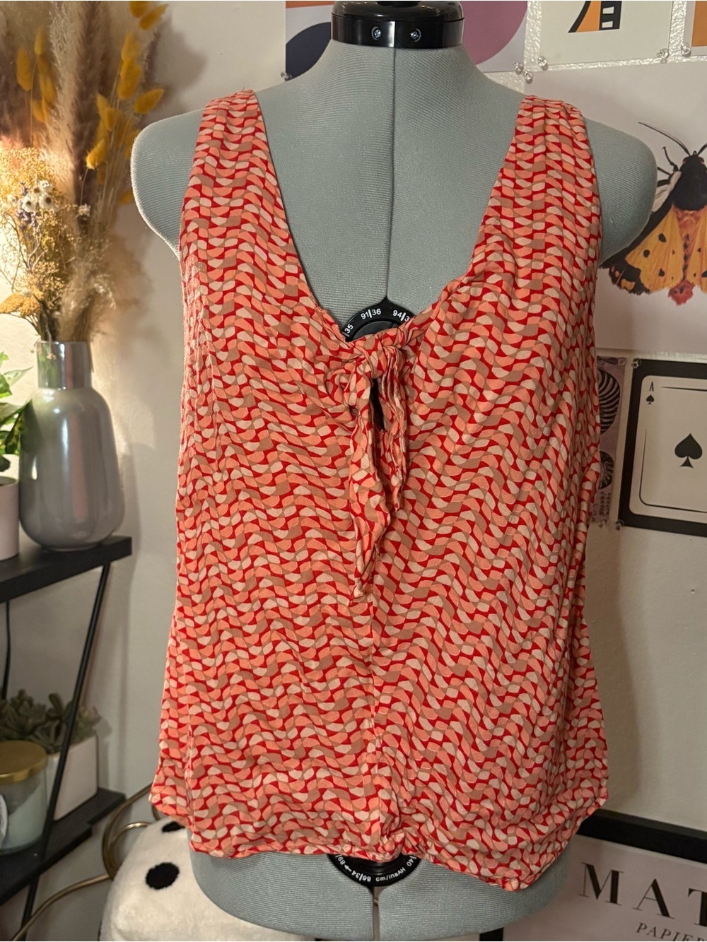 Maeve Geometric Sleeveless Tie‑Front Blouse